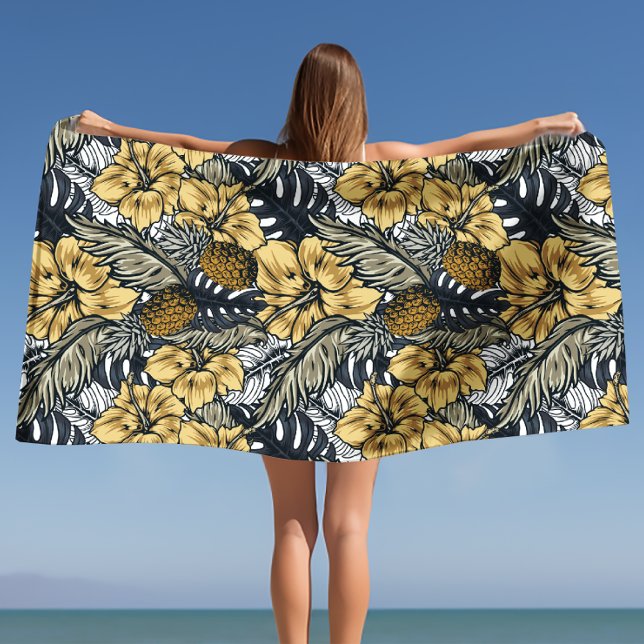 Serviette De Plage Luxe Elegant Or N' Black Tropical Flowers (Luxury Elegant Gold N' Black Tropical Flowers Beach Towel)