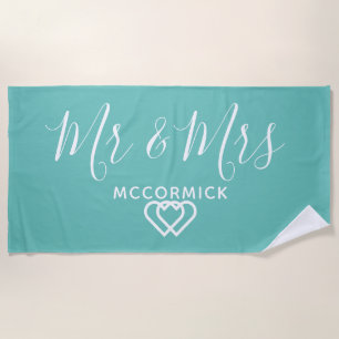 Serviette De Plage M. Et Mme Script Monogramme Nom Turquoise Coeurs b