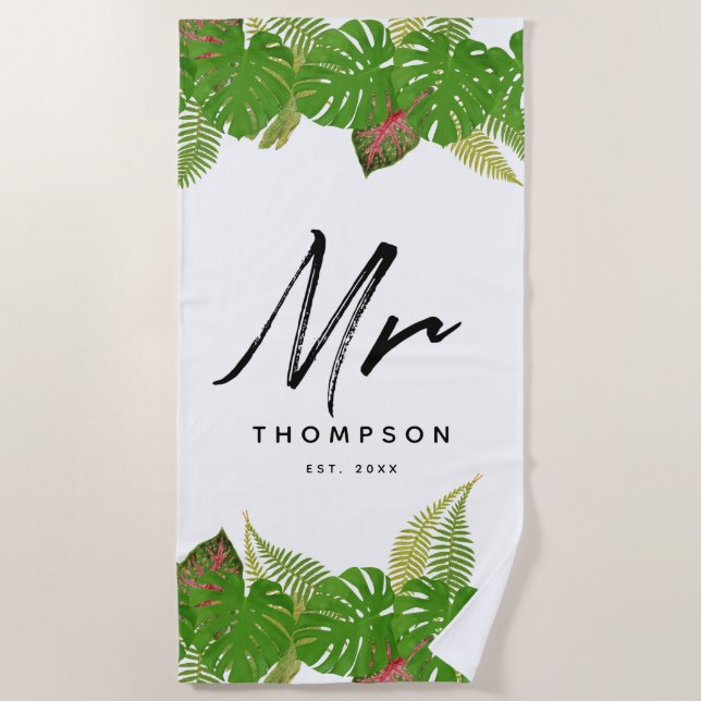 Serviette De Plage M. Feuilles Tropicales Modernes Écriture Minimalis (Devant)