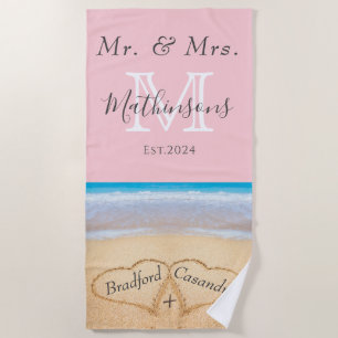 Serviette De Plage M. Mme Beach Coeurs de mariage Sable Famille Monog