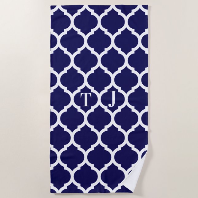 Serviette De Plage Magnifique Marine Blue Quatrefoil Motif Monogramme (Devant)
