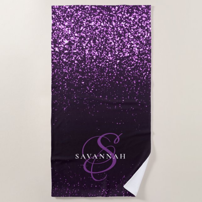 Serviette De Plage Magnifique monogramme violet écriture pailletée (Devant)