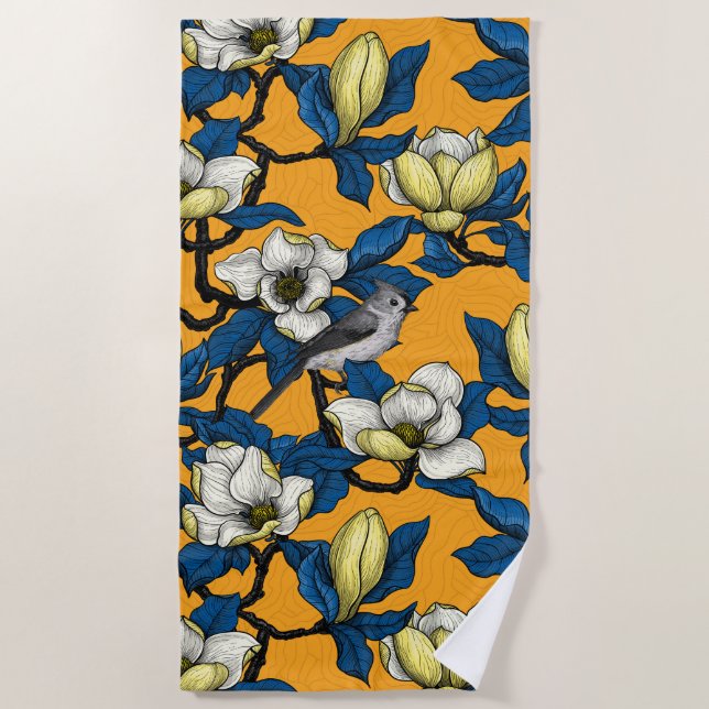 Serviette De Plage Magnolia en floraison et oiseau de tireur 3 (Devant)