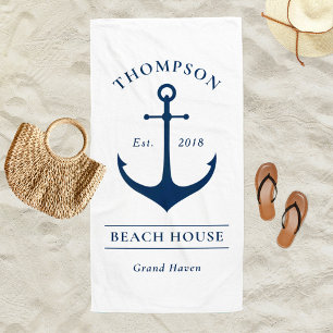 Serviette De Plage Maison de plage à l'ancre blanche nautique monogra