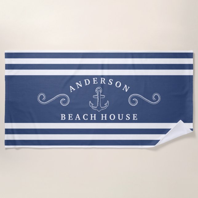 Serviette De Plage Maison de plage marine et blanche personnalisée (Devant)