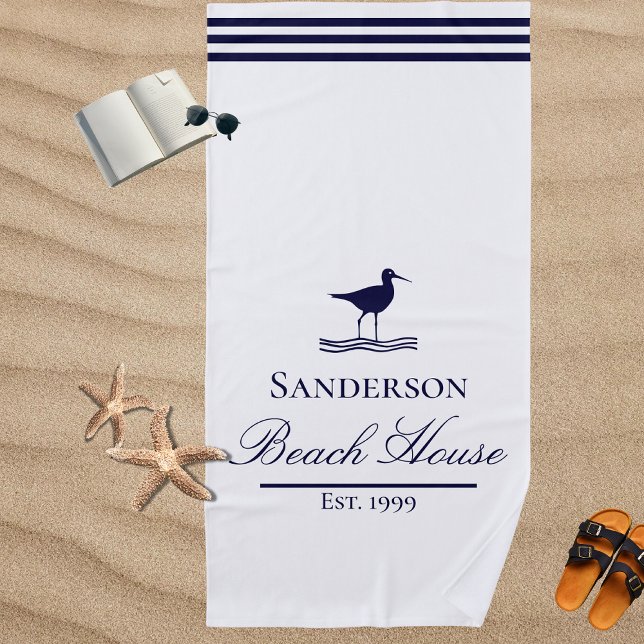 Serviette De Plage Maison de plage moderne Blanc Marine Bleu Sandpipe (Créateur téléchargé)