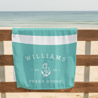 Serviette De Plage Maison de plage personnalisée en bande Turquoise