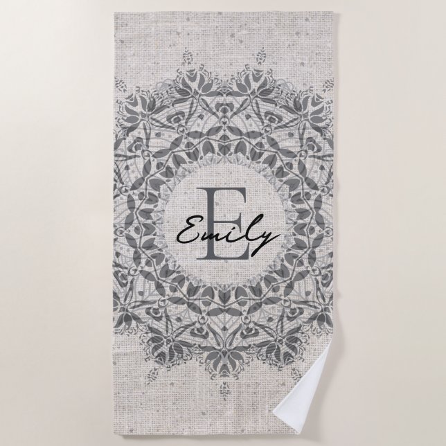 Serviette De Plage Mandala Nom Monogramme gris clair monochrome (Devant)
