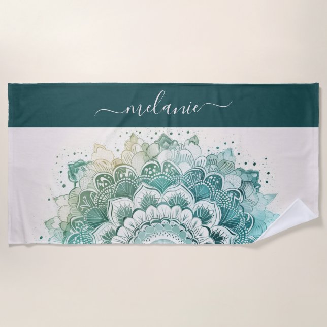 Serviette De Plage Mandala Turquoise foncé Nom (Devant)