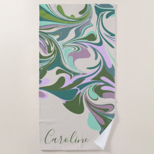 Serviette De Plage Marbre Abstrait en violet et vert Personnalisé