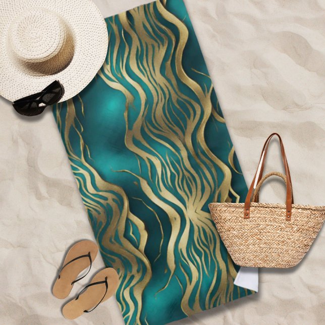 Serviette De Plage Marbre beige moderne Waves Turquoise Bleu Turquois (Modern Beige Marble Waves Turquoise Teal Blue Beach Towel)