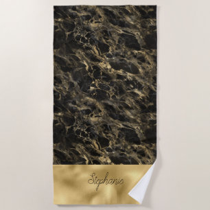 Serviette De Plage Marbre noir et or à monogramme
