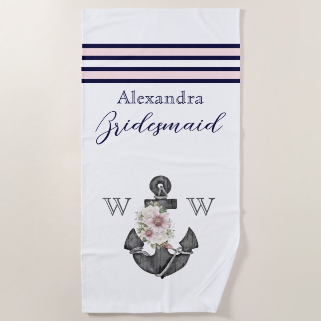 Serviette De Plage Mariage nautique Ancre florale  rose marine (Devant)