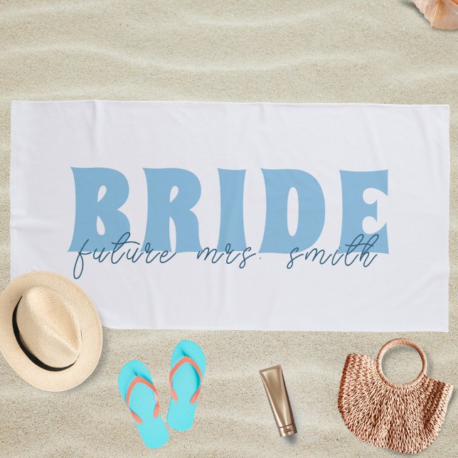 Serviette De Plage Mariée Future Mme Nom personnalisé Blanc et Bleu (Créateur téléchargé)
