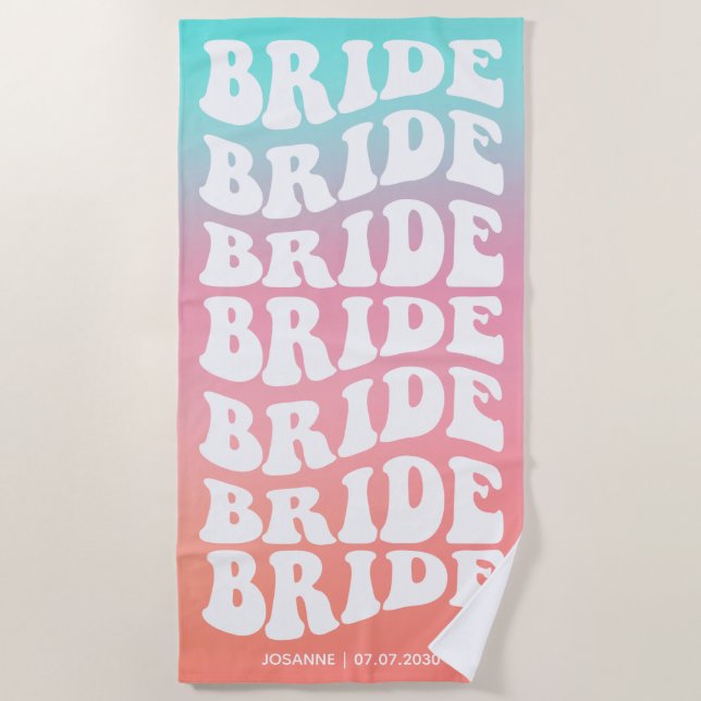 Serviette De Plage Mariée Rétro Rose Dégradé Aqua Personnalisé (Devant)