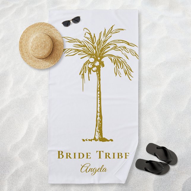 Serviette De Plage Mariée Tribe Tropical Gold Palm Tree Personnalisé (Bride Tribe Tropical Gold Palm Tree Personalized Beach Towel)