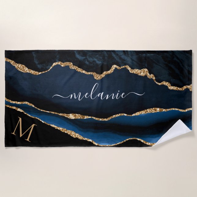 Serviette De Plage Marine Blue Gold Beach Towne avec Nom personnalisé (Devant)