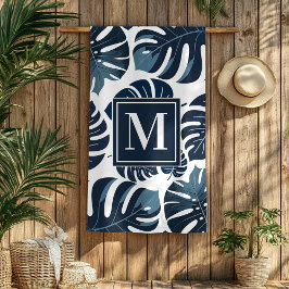 Serviette De Plage Marine Blue & White Monstera Monogram Beach Servie