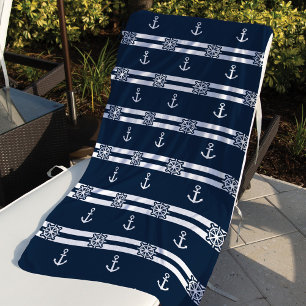 Serviette De Plage Marine nautique et Blancs, Ancre et roue de navire
