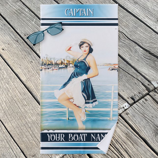 Serviette De Plage Marine Nautique vintage (Beach towel featuring a fine art painting of a vintage sailor at a harbor, with navy blue stripes)