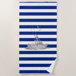 Serviette De Plage Marlin Pêche Chrome sur Décor des bandes Nautiques