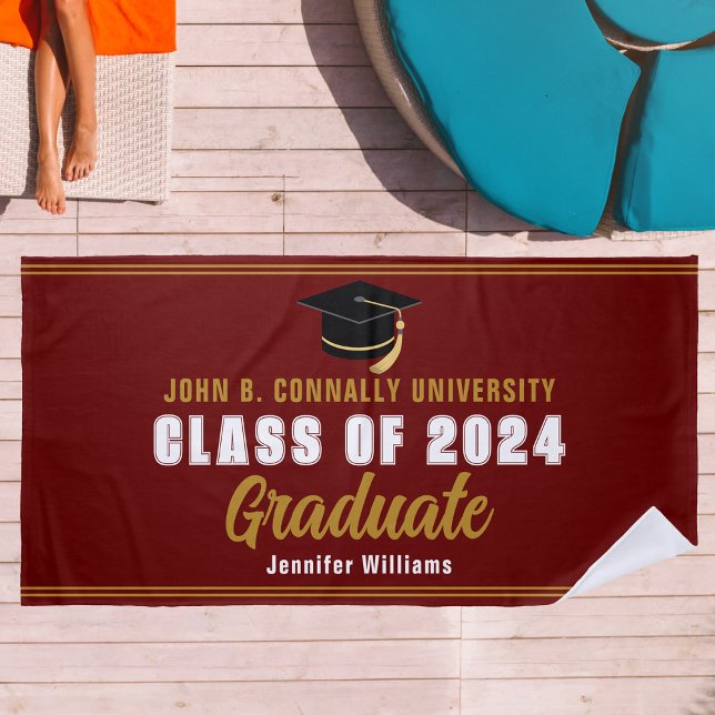 Serviette De Plage Maroon Gold Graduate Photo 2025 Graduation Party (Créateur téléchargé)