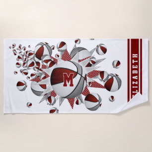 Serviette De Plage maroon gris basketballs stars filles monogrammed