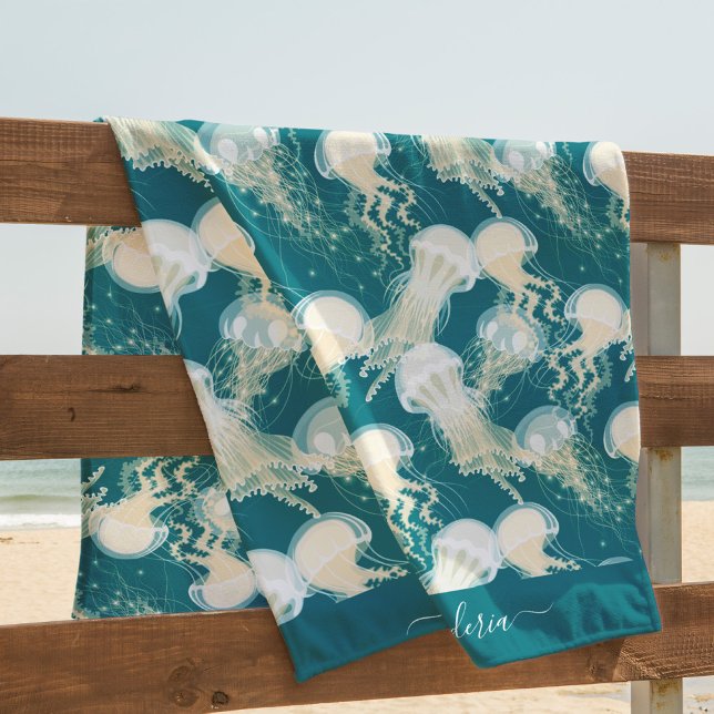 Serviette De Plage Méduse En Bleu Océan Été Saison Monogramme (Créateur téléchargé)