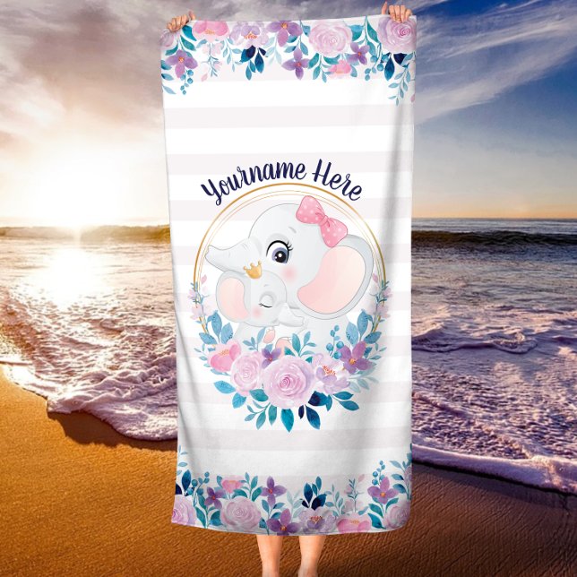 Serviette De Plage Mère et bébé Eléphant rose Fleur Flush Wreath (Créateur téléchargé)