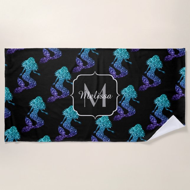 Serviette De Plage Mermaid aqua bleu ombre motif Monogramme (Devant)