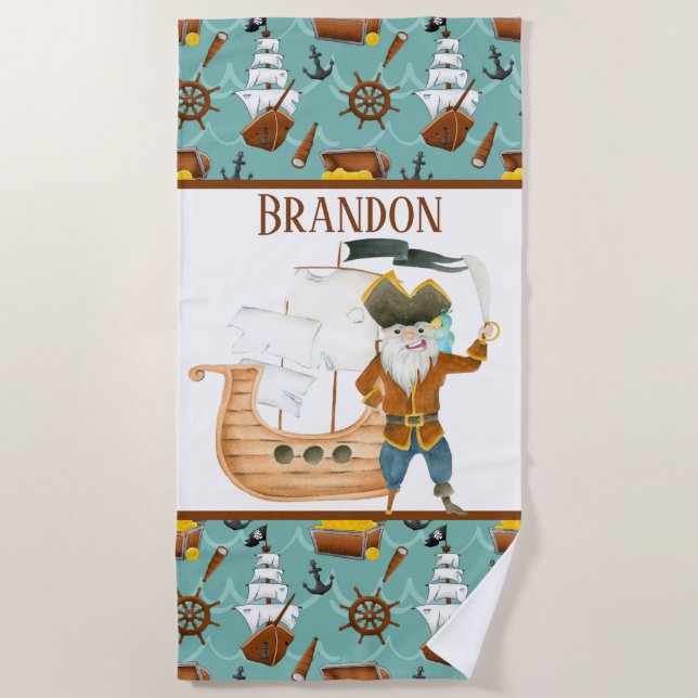 Serviette De Plage mignon pirate ajouter nom enfants (Devant)