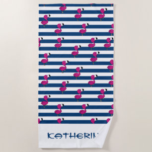 Serviette De Plage mignon tropical rose bébé flamingo marine bleu ray