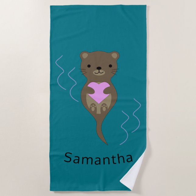 Serviette De Plage Mignonne Otter embrasse un coeur (Devant)