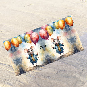 Serviette De Plage Mignonne souris avec ballons colorés, personnalisa