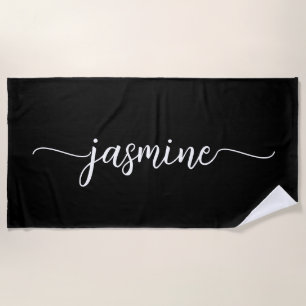 Serviette De Plage Minimaliste Nom Monogramme Noir Grande Écriture