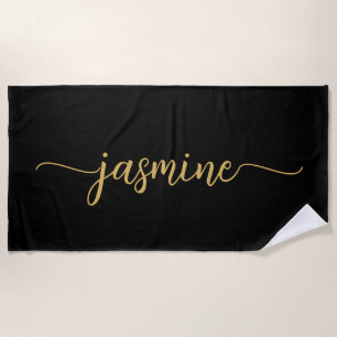 Serviette De Plage Minimaliste Nom Monogramme Or Noir Grande Écriture