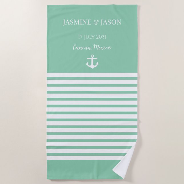 Serviette De Plage Mint Blanc Personnalisé Destination Mariage Faveur (Devant)