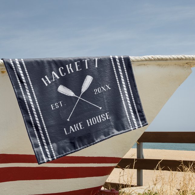 Serviette De Plage Minuit Blue Rustic Oars Personnalisé Lake House (Créateur téléchargé)