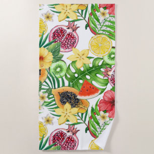 Serviette De Plage Mix-fruit tropical, fleurs et feuilles sur blanc