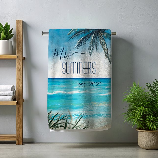 Serviette De Plage Mme. Mariée nouvellement mariée Monogram Aquarelle (Créateur téléchargé)