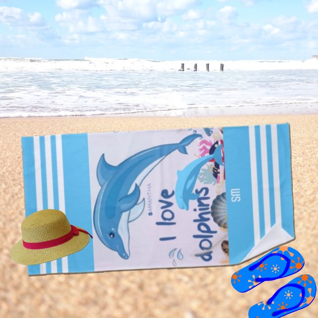 Serviette De Plage Modern & Cool I Love Dolphins Citations Nom (Créateur téléchargé)