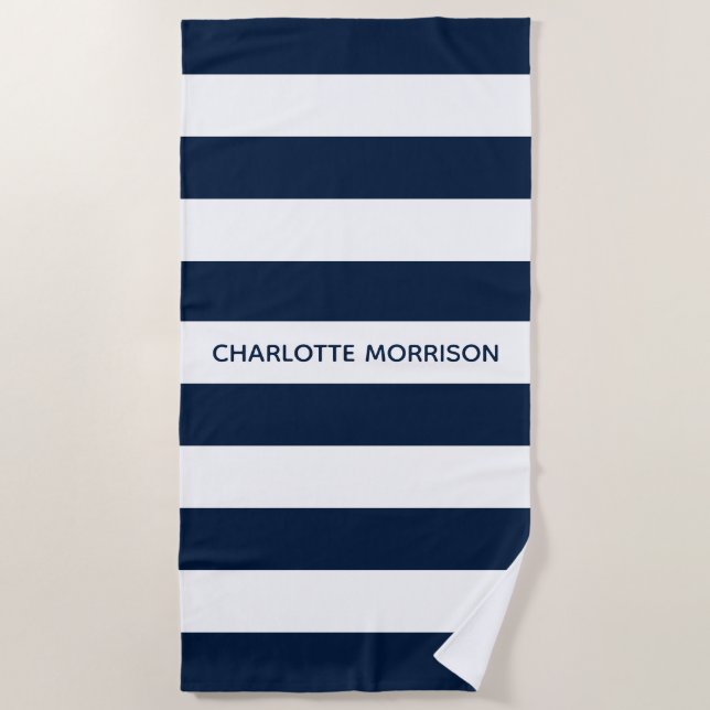 Serviette De Plage Moderne marine rayures blanches nom personnalisé m (Devant)