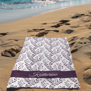 Serviette De Plage Moderne Minimaliste Fleurie Blanche Prune Foncé Sc