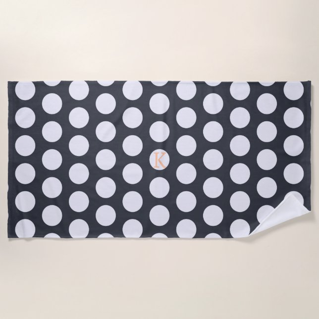 Serviette De Plage Moderne Monogramme Bleu Nuit et Blanc à pois  (Devant)