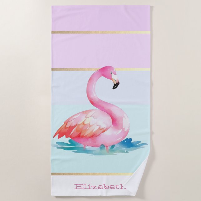 Serviette De Plage Moderne Pastel rayé, Flamants roses roses (Devant)