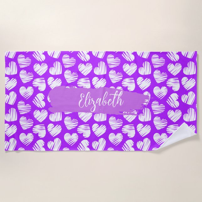 Serviette De Plage Moderne violet blanc Doodé Coeur Valentine Nom (Devant)