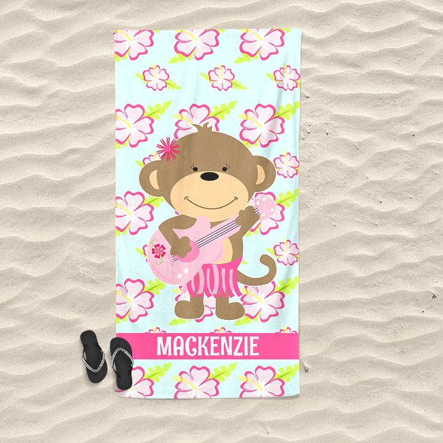 Serviette De Plage Monkey Hibiscus Ukelele Cute (Hula Monkey with Ukelele Pink Tropical Beach Towel)
