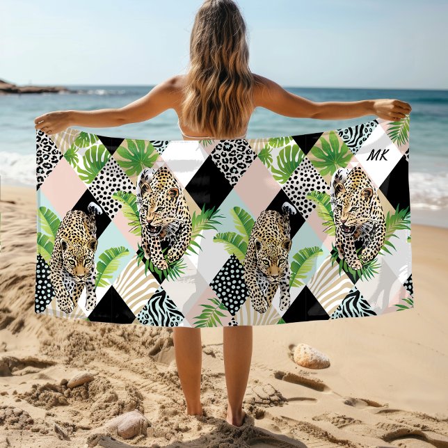Serviette De Plage Monogram Leopard Wild Jungle Moderne Girly Chic (Créateur téléchargé)