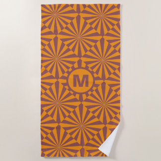 Serviette De Plage Monogram Retro Orange Sunburst Pattern