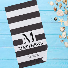 Serviette De Plage Monogram White and Navy Blue Stripes Nom de famill